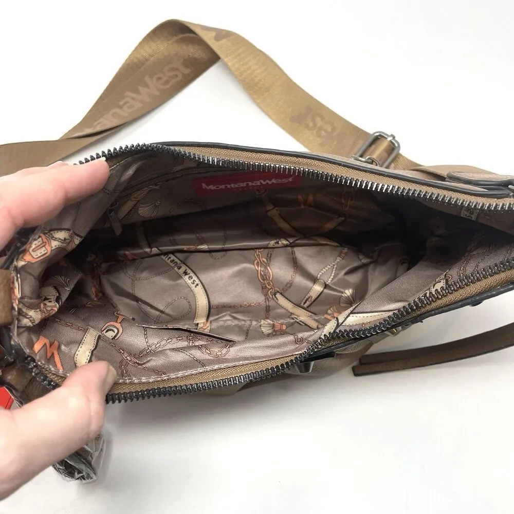 Montana West Brown Vegan Leather Hobo Bag | Studded Crescent Crossbody Purse NEW